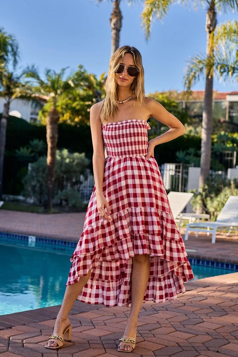BiBi Smocked Body Off Shoulder Check Dress - Farnelli