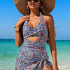 Cutout Printed Halter Neck One-Piece Swimwear - Dusty Blue