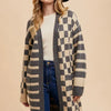 Annie Wear Checkered & Striped Open Front Long Sleeve Cardigan - Dark Gray