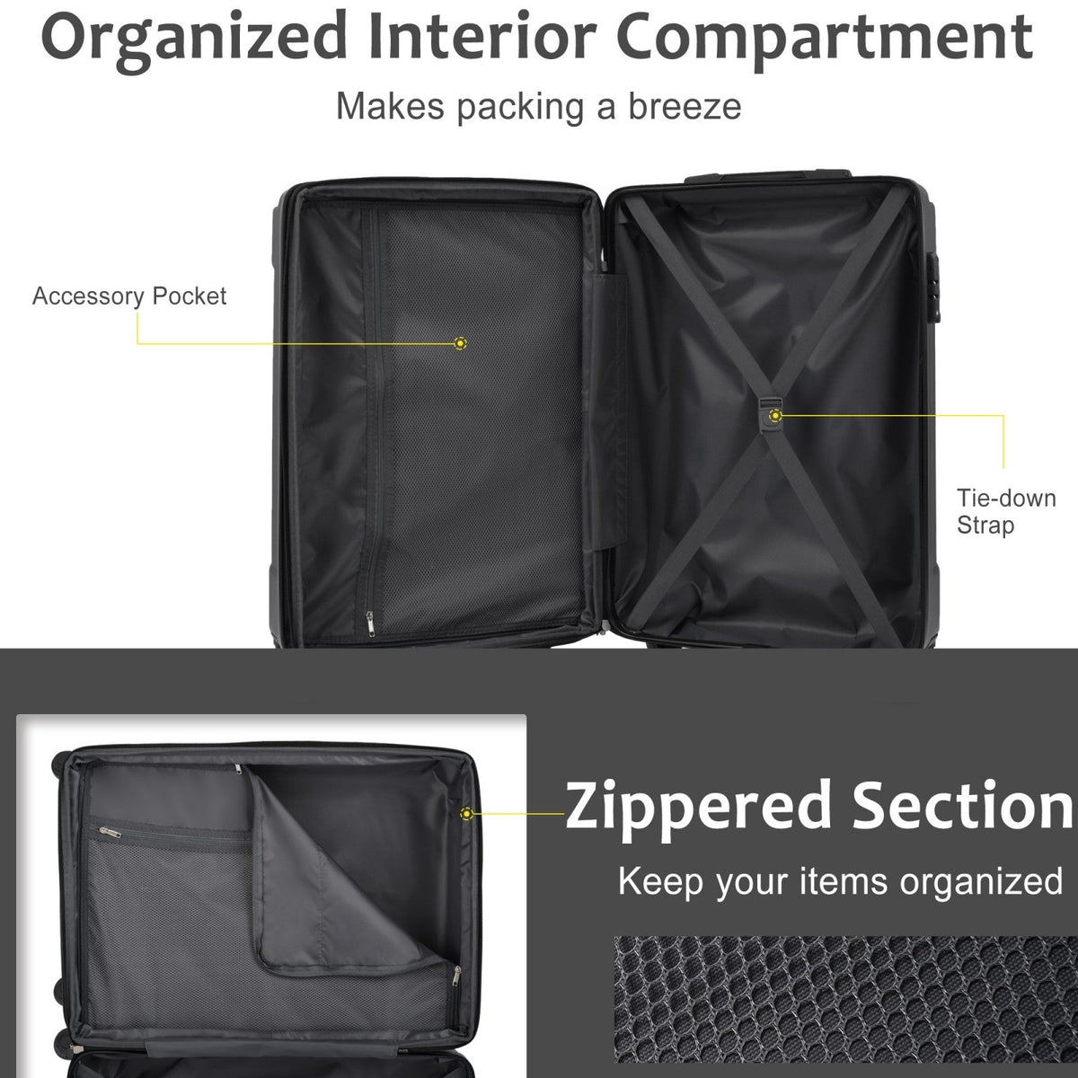 HouseOfZazla 24-inch black expandable ABS hardshell suitcase with double wheels