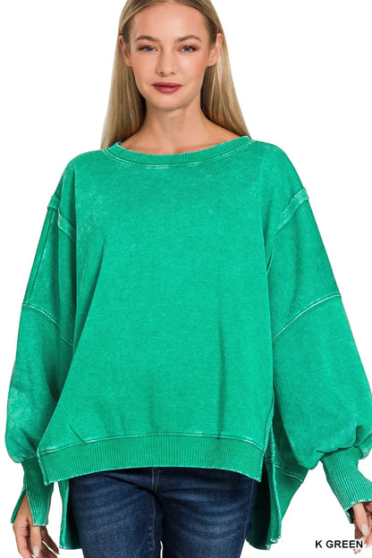 Zenana Acid Washed Batwing Sleeve Fleece Sweatshirt - Farnelli