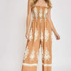 Umgee Full Size Smocked Printed Wide Leg Jumpsuit Plus Size - MOCHA