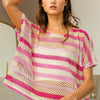 BiBi Striped Openwork Short Sleeve Knit Cover Up - Fuchsia Combo