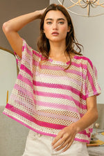 BiBi Striped Openwork Short Sleeve Knit Cover Up - Farnelli