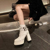 Round Toe Block Heels Boots - White
