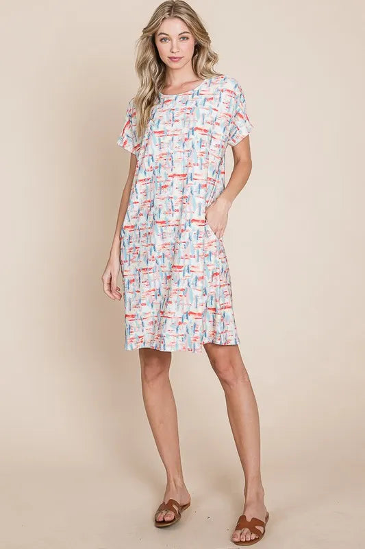 BOMBOM Printed Round Neck Short Sleeve Tee Dress - Farnelli