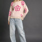 Umgee Round Neck Sweater with Pink Floral Accents - Farnelli