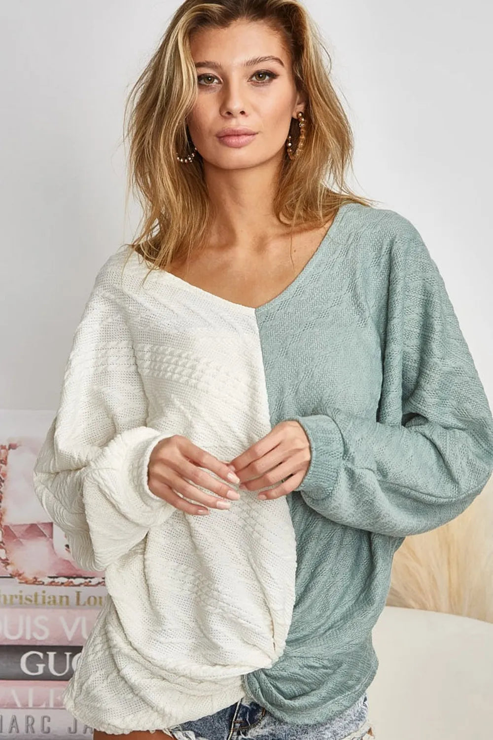 BiBi Twist Front Contrast Cable Knit Top - Farnelli