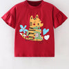 Children's Cartoon Tiger Graphic Ruffle Sleeve T-Shirt - Red