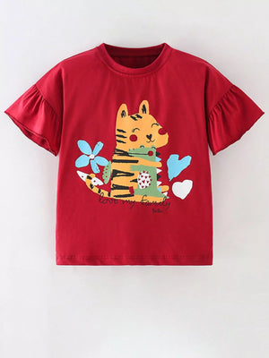 Children's Cartoon Tiger Graphic Ruffle Sleeve T-Shirt - Farnelli