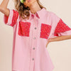 BiBi Sequin Detail Raw Hem Short Sleeve Shirt - Pink/Fuchsia