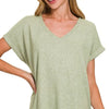 Zenana Soft Melange Hacci V-neck Tee - LT OLIVE