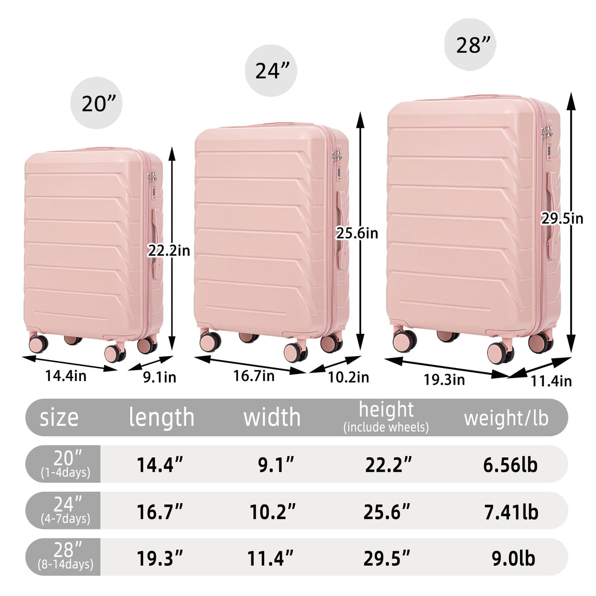 HouseOfZazla 3-piece spinner wheel luggage set with combination locks in multiple sizes