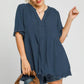 Umgee Full Size Raw Hem Notched Babydoll Linen Blouse Plus Size - Farnelli
