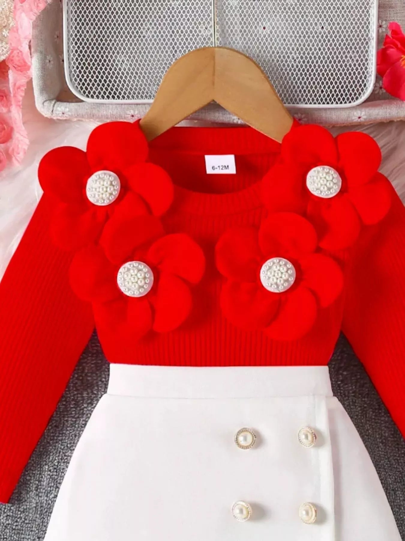 Children's Floral Applique Ribbed Top & Button Decor Skirt Set - Farnelli