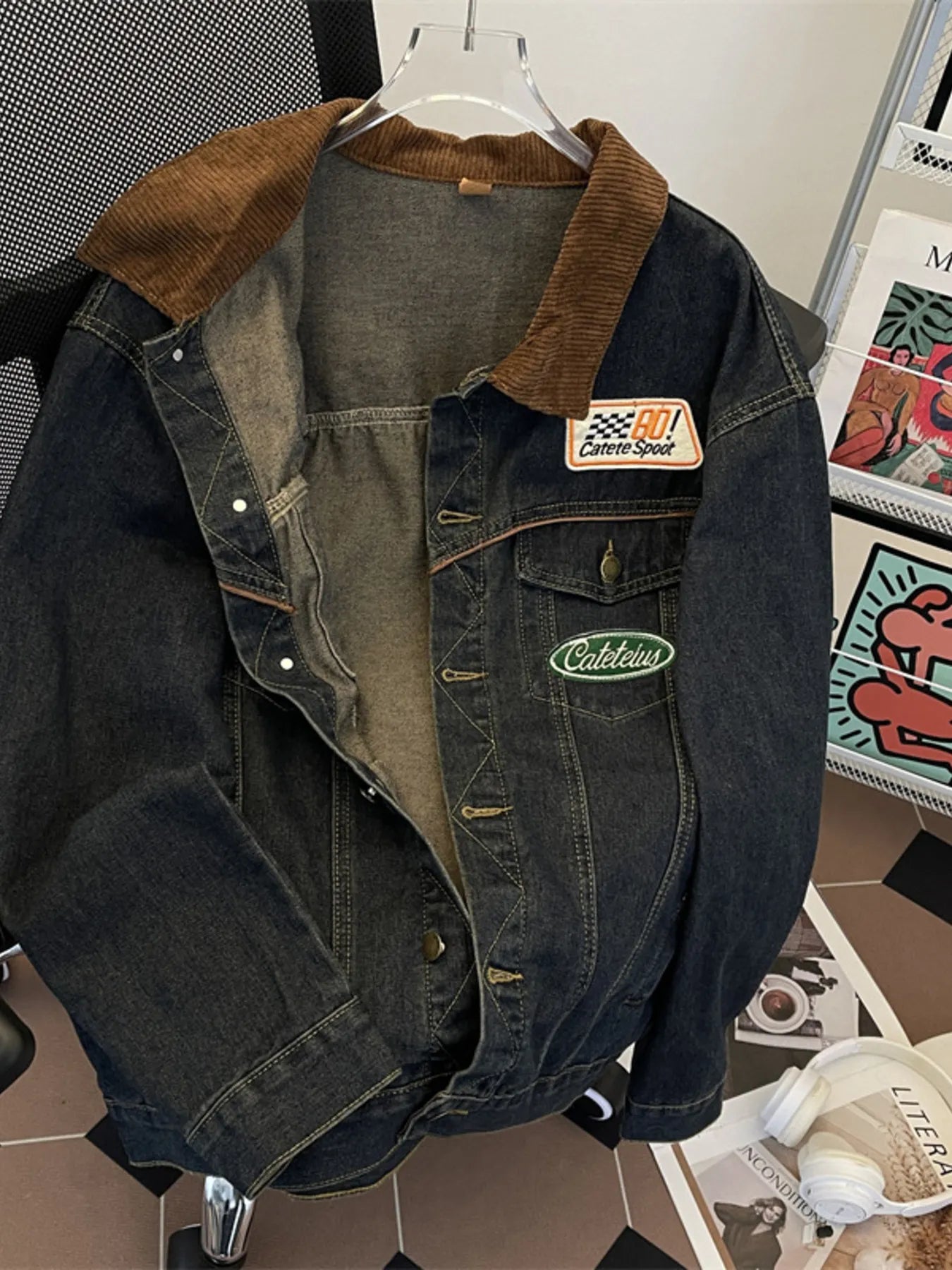 Men's Plus Size Corduroy Collar Button Up Denim Jacket - Farnelli