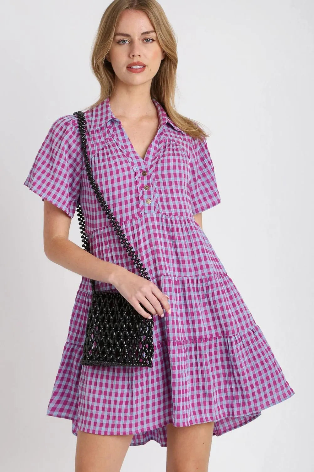 Umgee Full Size Gingham Tiered Button Detail Short Sleeve Dress Plus Size - Farnelli