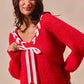 SO ME Satin Tape Braided Ribbon Tie V Neck Sweater - Farnelli
