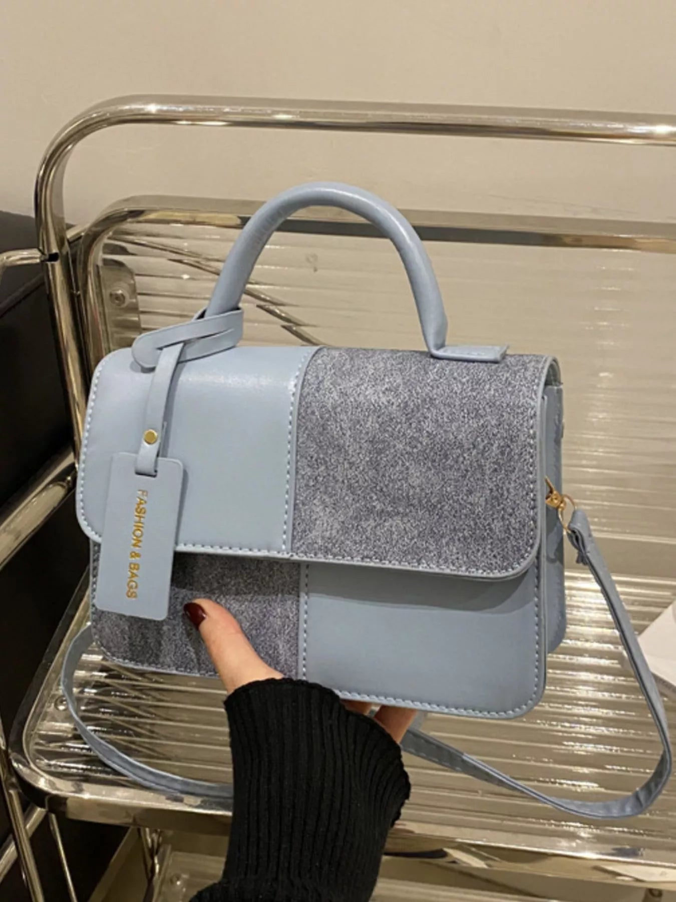Color Block Flap Crossbody Bag with Top Handle - Farnelli