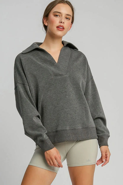 Umgee Johnny Collar Dropped Shoulder Sweatshirt - Farnelli