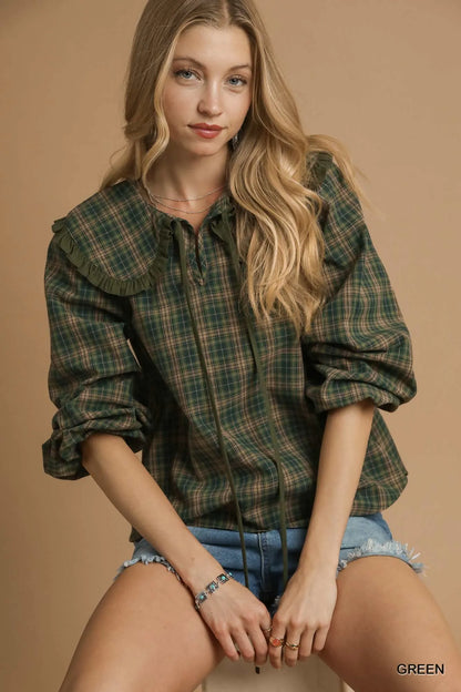 Umgee Full Size Plaid Ruffle Collar Blouse Plus Size - Farnelli