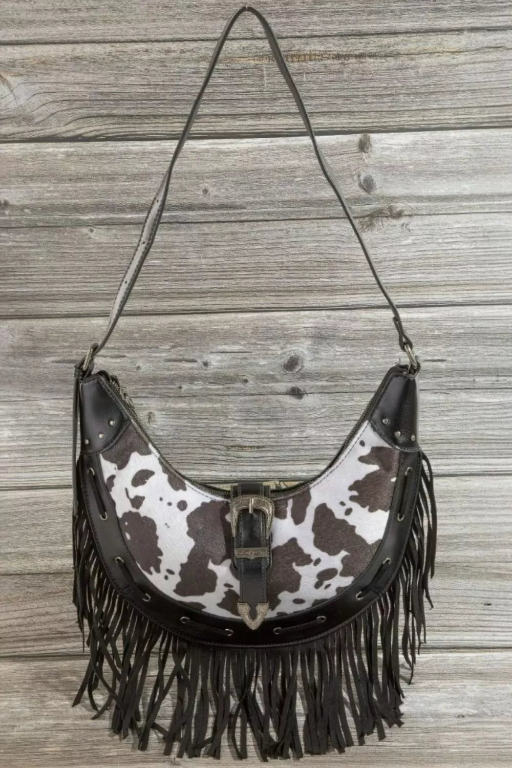 Fame Cow Print Faux Leather Fringe Hobo Bag - Farnelli