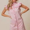 BiBi Washed Button Down Ruffled Cap Sleeve Denim Dress - Blush Pink