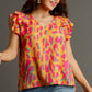 Umgee Full Size Abstract Print V-Neck Double Layer Ruffle Sleeve Blouse Plus Size - Farnelli