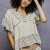 POL Floral V-Neck Short Sleeve Ruffled Double Gauze Blouse with Embroidery Detail - NATURAL
