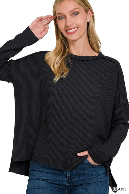 Zenana Full Size Exposed Seam Long Sleeve Corded Rib Knit Top Plus Size - Farnelli