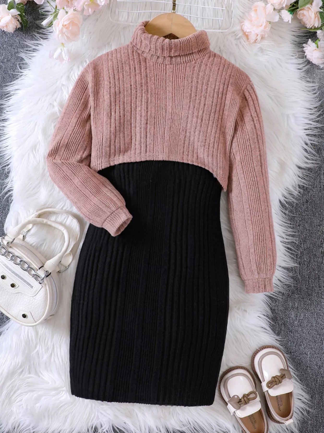 Children's Ribbed Knit Two-Tone Dress Set - Farnelli