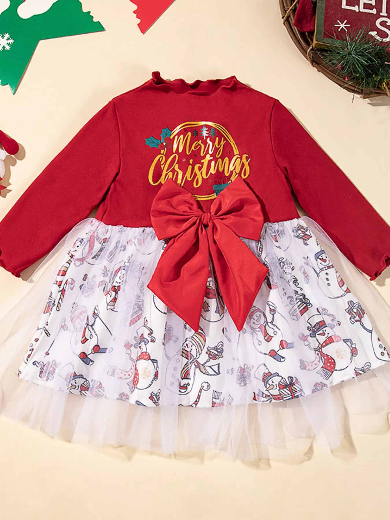 Children's Christmas Snowman Print Tulle Dress - Farnelli