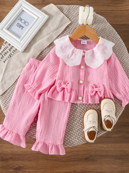 Children's Ruffle Trim Bow Decor Baby Set - Farnelli