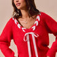 SO ME Satin Tape Braided Ribbon Tie V Neck Sweater - Farnelli