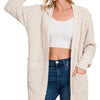 Zenana Long Sleeve Popcorn Sweater Cardigan with Pockets - SAND BEIGE