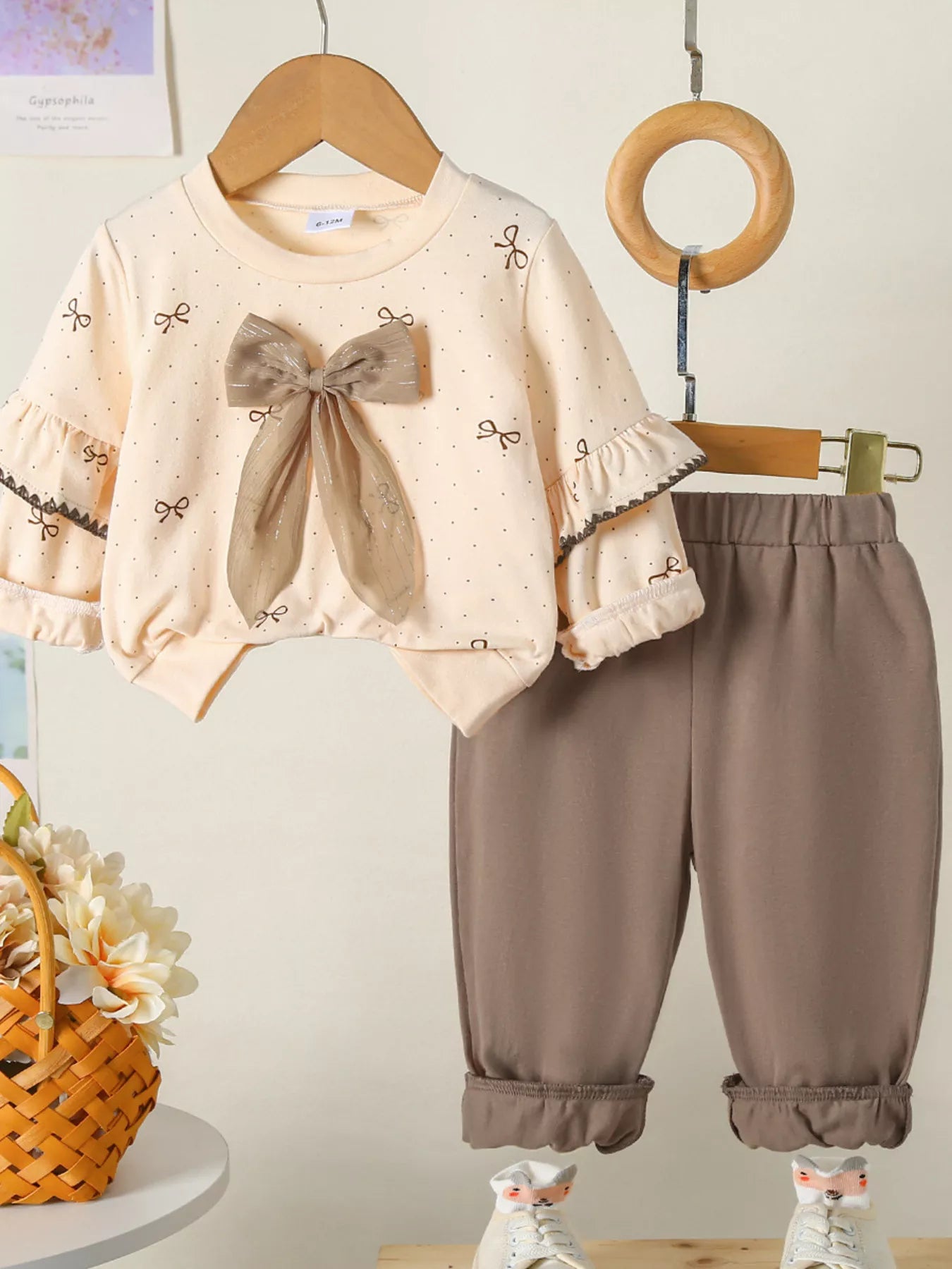 Children's Bowknot Ruffle Sleeve Top and Pants Set - Farnelli
