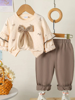 Children's Bowknot Ruffle Sleeve Top and Pants Set - Farnelli