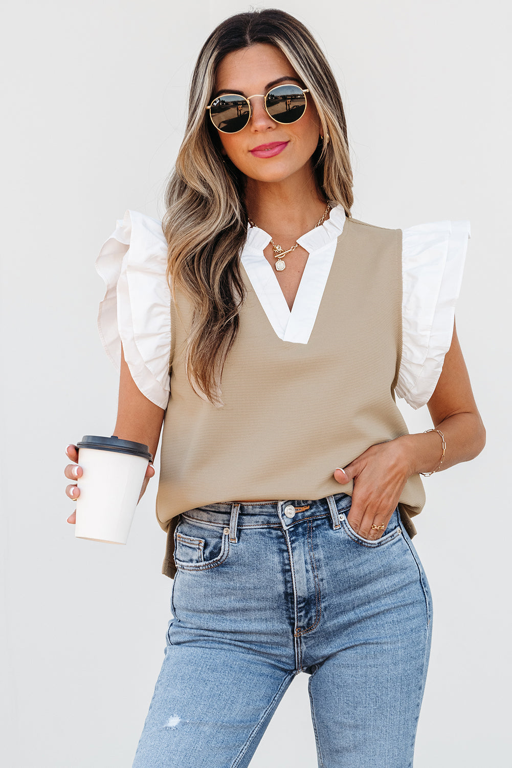 Serena Contrast V Neck Ruffled Textured Knit Top - Farnelli