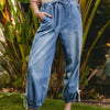 BiBi Striped Tape Details With Bot Tied Point Elastic Waist Jeans - OFF WHITE