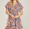 She + Sky Full Size Ruffled Hem Printed Surplice Kimono Sleeve Mini Dress Plus Size - Royal Blue
