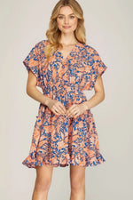 She + Sky Full Size Ruffled Hem Printed Surplice Kimono Sleeve Mini Dress Plus Size - Farnelli
