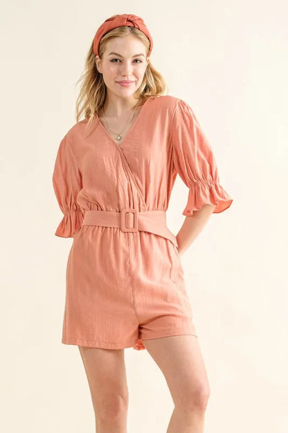 And The Why Flounce Sleeves Romper with Belt - Farnelli