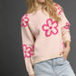 Umgee Round Neck Sweater with Pink Floral Accents - Farnelli