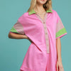 Umgee Contrast Trim Button Front Romper - BUBBLE PINK