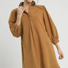 Umgee French Terry Balloon Sleeve Shift Dress with Leopard Print Detail - Brown