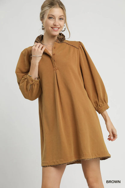 Umgee French Terry Balloon Sleeve Shift Dress with Leopard Print Detail - Farnelli