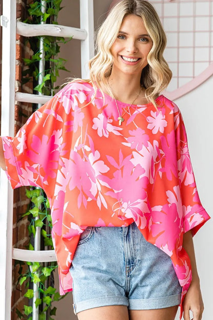 First Love Slit Printed Round Neck Half Sleeve Blouse - Farnelli