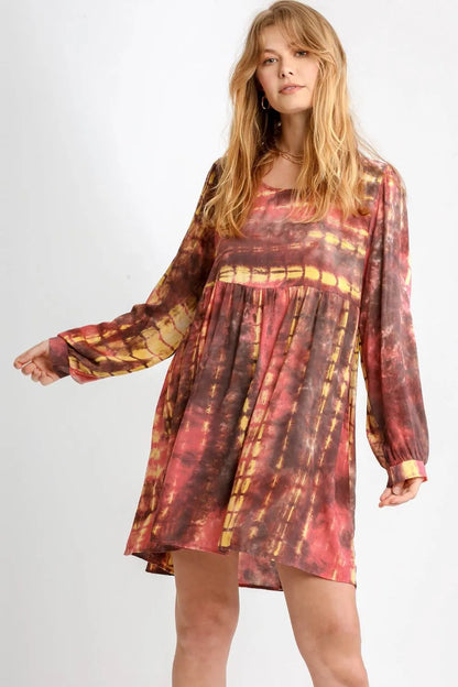 Umgee Full Size Tie Dye Long Sleeve Babydoll Dress with Keyhole Plus Size - Farnelli