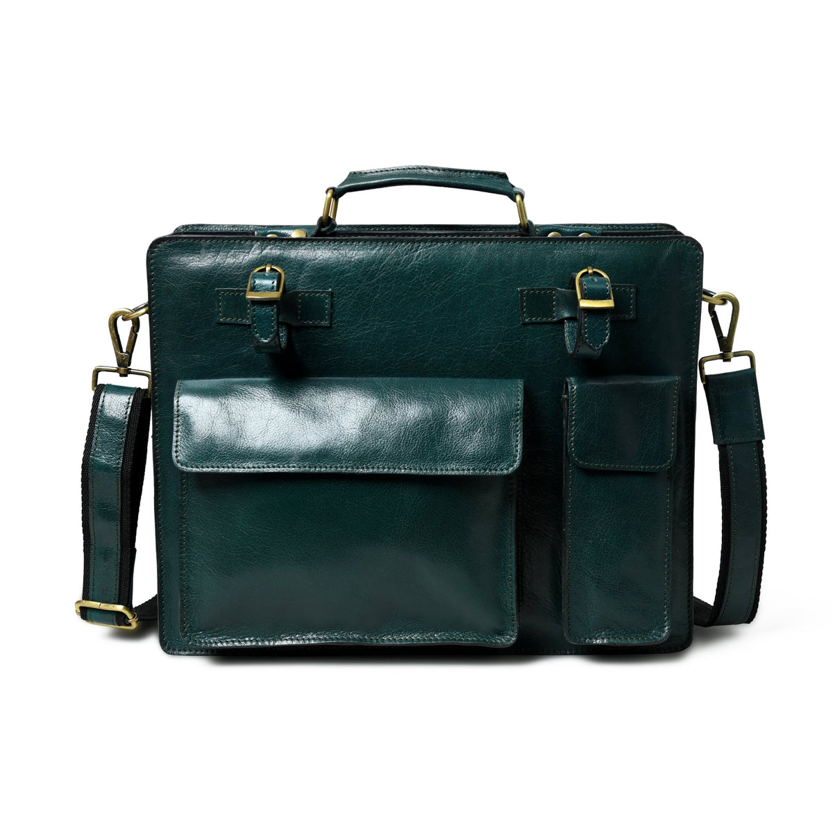 Green Tuscany Italian leather briefcase by Classy Leather Bags, showing the elegant, structured design with leather handle and metal accents.