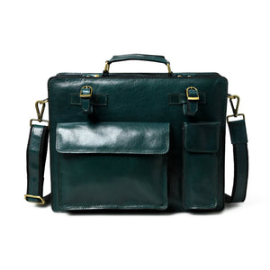 Green Tuscany Italian leather briefcase by Classy Leather Bags, showing the elegant, structured design with leather handle and metal accents.